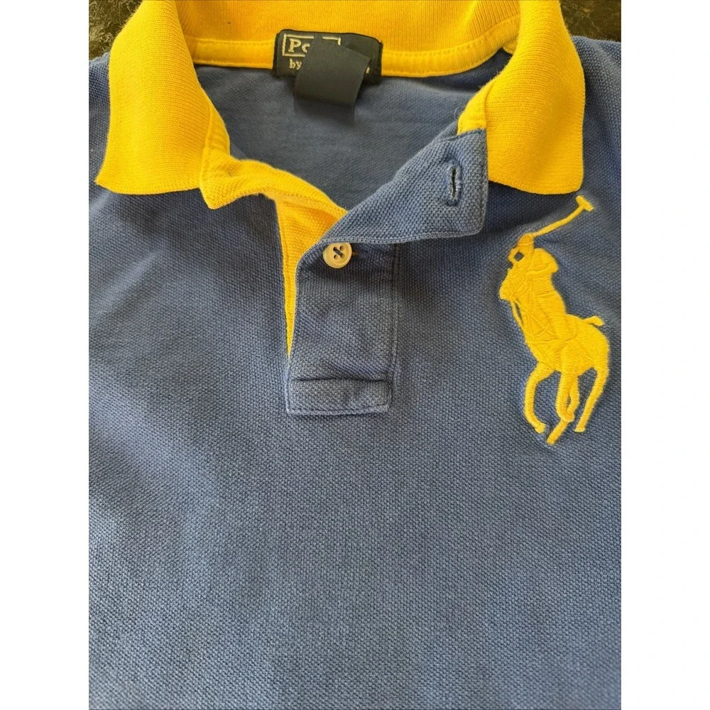 Ralph Lauren Polo Big Polo Shirt Blue Yellow Sz 5 Boys Preppy Spring 3 On Sleeve